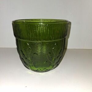 Vintage FTD 1975‎ Green Glass Vase Planter Embossed Oak Leaf Design 5" Tall